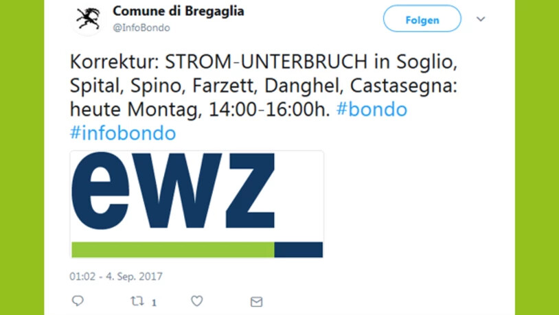Die Gemeinde Bregaglia informiert via Twitter über den Stromunterbruch.