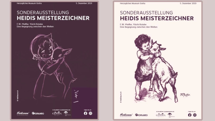 Originalentwürfe der ersten Heidi-Illustrationen des Kunstmalers F. W. Pfeiffer - in kongenialer Kombination mit dem modernen Heidi-Bild des japanischen Animationskünstlers Yōichi Kotabe.