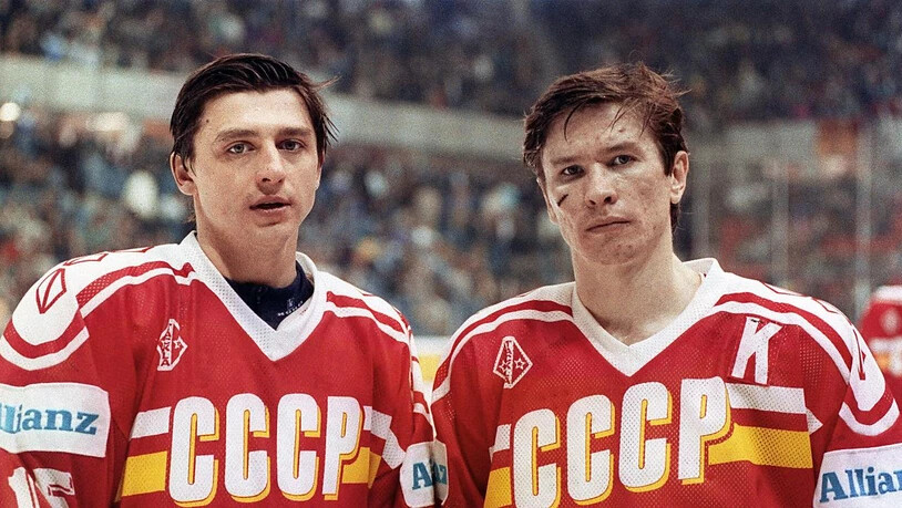 Andrej Chomutow (links) und Wjatscheslaw Bykow führten die Sowjetunion 1990 zum WM-Titel in Bern und Freiburg. Freiburg wurde danach ihre Heimat