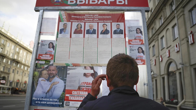 Ein Mann betrachtet Wahlplakate im Vorfeld der Präsidentenwahl. Foto: Sergei Grits/AP/dpa