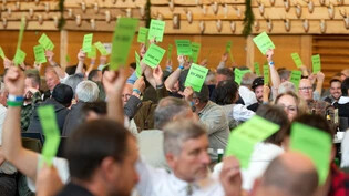 Wahlzettel hoch: Die knapp 190 Delegierten der Verbandssektionen stimmen an der 108. Delegiertenversammlung des Bündner Kantonalen Patentjäger Verbands in der Turnhalle in Trimmis über einen Antrag ab.