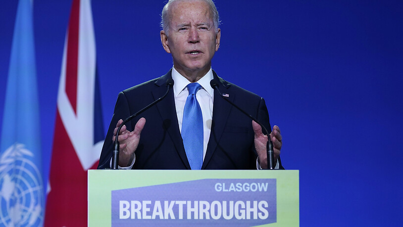 Joe Biden, Präsident der USA, spricht bei der Podiumsveranstaltung «Accelerating Clean Technology Innovation and Deployment» (dt. Beschleunigung der Innovation und Einsatzes sauberer Technologien) während der UN-Klimakonferenz COP26 in Glasgow. Foto:…
