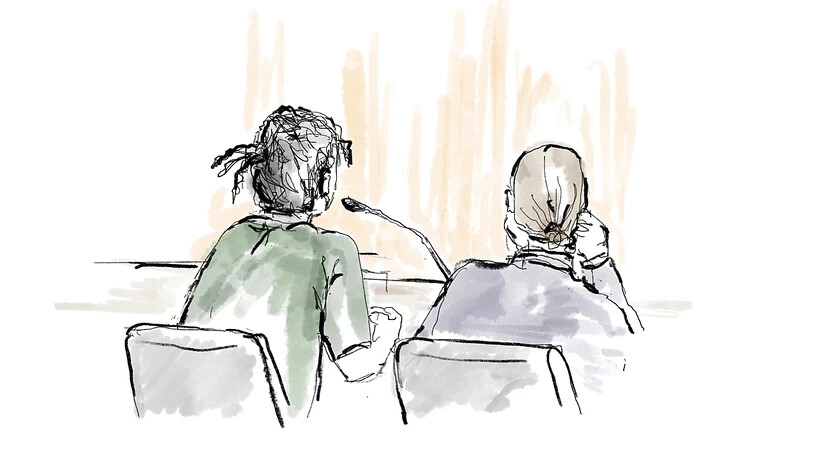 Gerichtszeichnung von Asap Rocky (links) und seinem Anwalt Slobodan Jovicic während der Gerichtsverhandlung in Stockholm. (Archivbild)