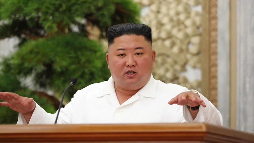 HANDOUT - Dieses von der staatlichen nordkoreanischen Nachrichtenagentur KCNA am 03.07.2020 zur Verfügung gestellte Foto zeigt Kim Jong Un, Machthaber von Nordkorea, der eine Sitzung des Politbüros des Zentralkomitees der Arbeiterpartei Koreas leitet. A…