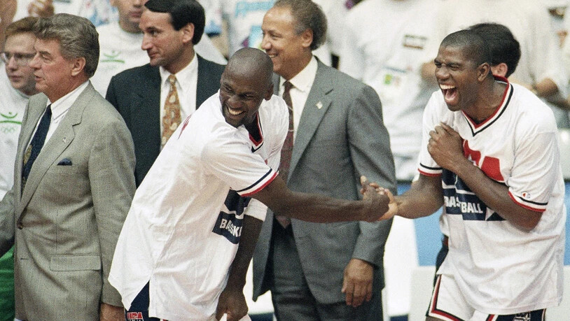 Das Dream Team hat auch jede Menge Spass: Michael Jordan und Earvin "Magic" Johnson