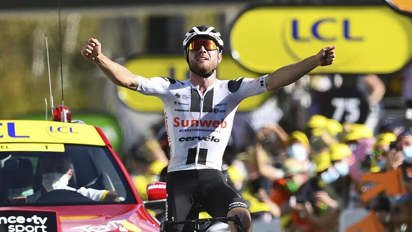 Jubel über den ersten Etappensieg bei der Tour de France: der 22-jährige Berner Tour-Debütant Marc Hirschi