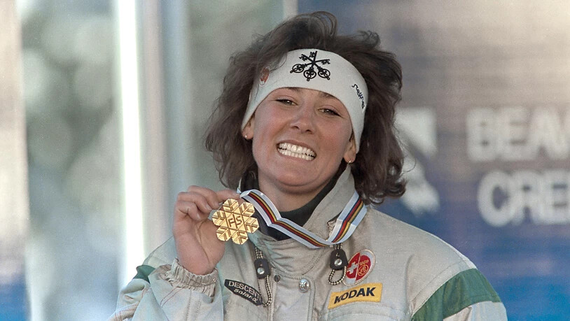 Maria Walliser mit ihrem zweiten WM-Abfahrts-Gold, 1989 in Vail, Colorado