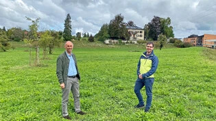 Aus der Grünfelswiese soll ein einladender Grünfelspark werden: Bauchef Christian Leutenegger und Markus Naef, Projektleiter Stadtplanung. 