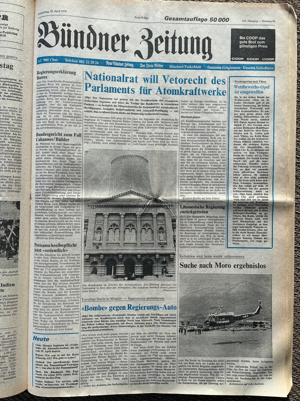 Aktuelle Themen: Die Titelseite der «Bündner Zeitung» vom 20. April 1978.